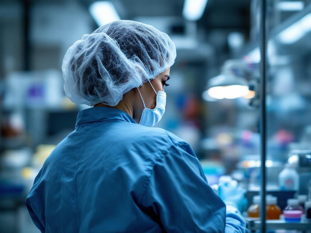 a pharmaceutical femal worker wearing a hairnet working ,seen from the back
