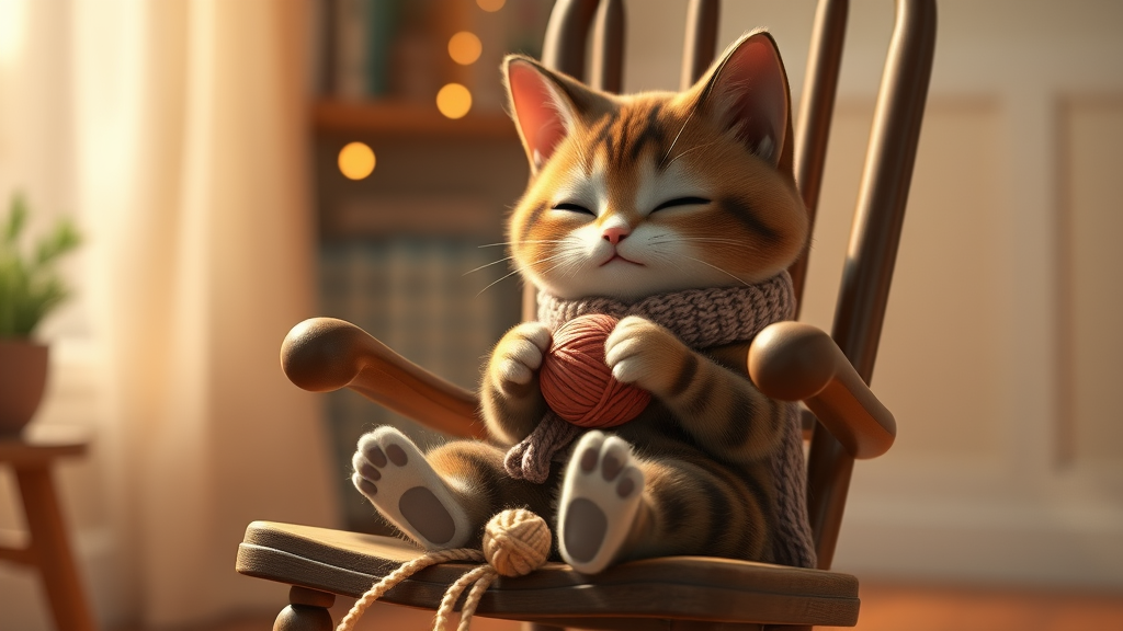 Real Cinematic Video Prompt Description: Concept: Animated style video of a cute cat sitting on a rocking chair and knitting. Camera Settings: The camera is fixed, focusing on the cat's movements around the entire scene. The background light and warm atmosphere are maintained, and the cat's detailed movements are gently emphasized. Cat Movement: The cat holds a ball of yarn to knit and knits with its small front paws alternately. A momentary pause, and the cat fixes its scarf or yawns briefly. A scene where the cat concentrates on knitting again, and a small ball of yarn rolls under the rocking chair. A momentary thoughtful expression as the cat looks at the ball of yarn. A motion of the cat pulling the ball of yarn back and finishing the knitting. Background and Props: A detailed detail of the chair shaking slightly as the cat's body moves. A soft scattering of light particles in the background enhances the warm atmosphere. A scene where the yarn naturally falls and piles up around the rocking chair during knitting. Detailed animation elements: A cute detail of the cat's paws moving slightly. A natural change of expression as the cat's eyes close and open for a moment. A ball of thread slightly sways in the cat's hand, releasing the thread. Camera and background: A background that is fixed, with a blurred bokeh effect, and warm lighting. A depth-based placement to emphasize the cat's movements.