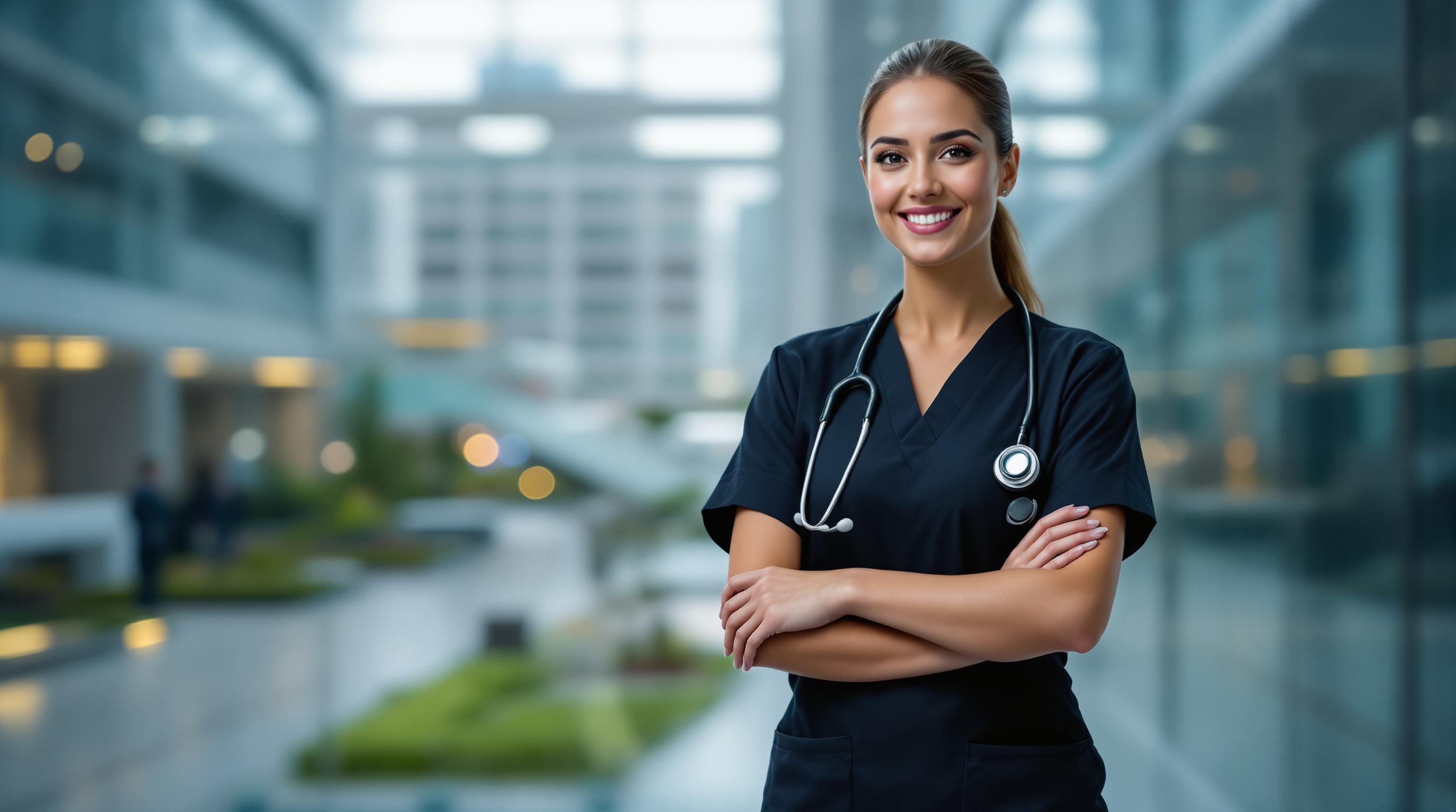 Professional cover photo, cinematic style: A nursing student wearing a sophisticated and modern black uniform, with a stethoscope. She is Brazilian, has a cheerful expression, looking directly at the camera with confidence. In the background, a disruptive university campus, reminiscent of an American university hospital, is slightly out of focus. The image should evoke disruption and modernity, making it a powerful and inspiring cover for a guide on advanced study techniques for public exams.