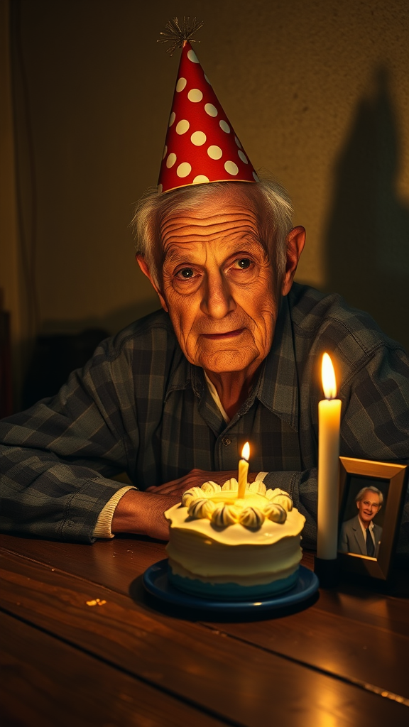 Create a poignant nighttime indoor scene in ultra-realistic photography style. An elderly, balding man with sparse white hairs sits at a dark wooden table, illuminated by a flickering candle's dim, yellowish glow. He wears a vibrant, polka-dotted party hat, contrasting sharply with the melancholic atmosphere. His deeply wrinkled face, marked by sadness and reflection, is beautifully highlighted by the soft light, emphasizing his emotional depth. The table features a small birthday cake adorned with glossy cream frosting, resting on a blue ceramic plate, with a single lit candle casting a warm glow. Beside the cake, a photo frame holds an image of his late wife, reflecting the candlelight, enhancing the scene's emotional weight. The yellowish light creates a delicate interplay of shadows, accentuating the textures of the surfaces and the man's sorrowful expression, deepening the realism. The background reveals a subtly textured, neutral-colored wall, hinting at the age of the house, ensuring the focus