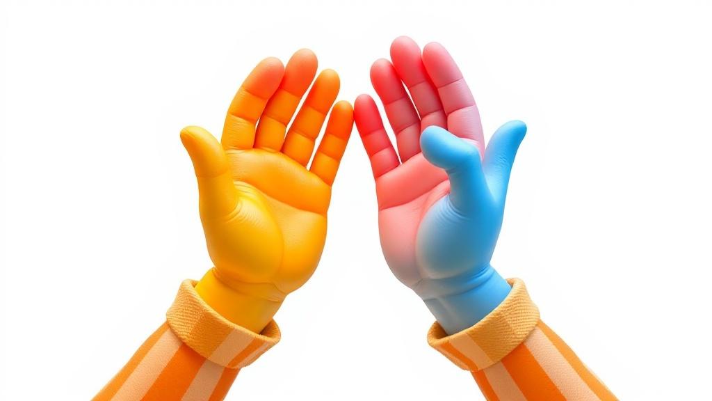Two toy-like hands, palms together, frozen mid-clap against a stark white background; a Pixar-style image, vibrant, cheerful, slightly surreal, conveying a sense of playful finality, reminiscent of a classic cartoon's comedic timing, detailed textures, and soft lighting.

