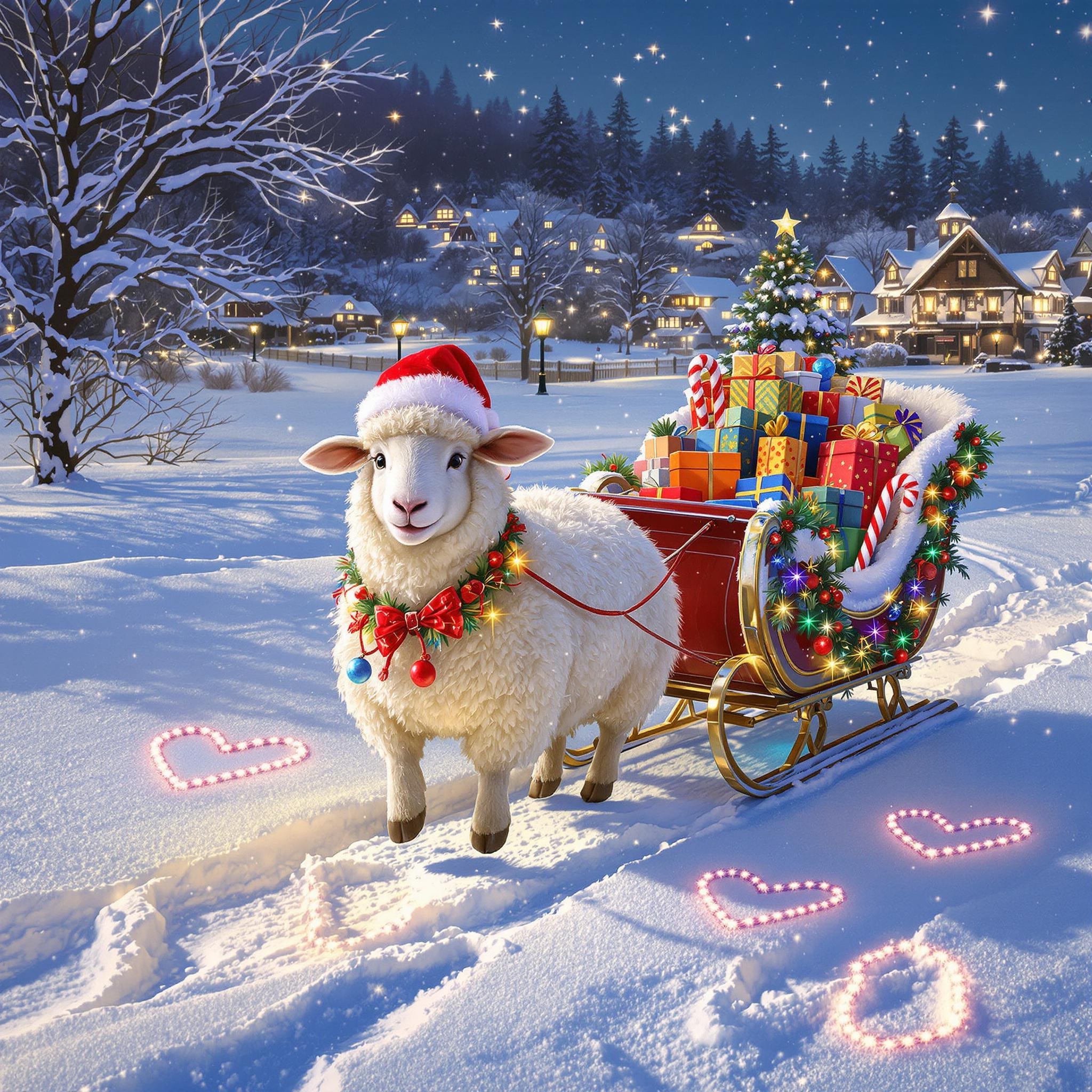 a-fluffy-sheep-pulls-a-tiny-sleigh-laden-3m1nvbm82