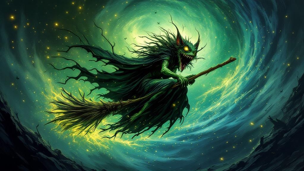 A grotesque toad-witch, emerald skin glistening under a moonless night sky, rides a splintered broomstick amidst a swirling vortex of bioluminescent fireflies;  a chaotic style