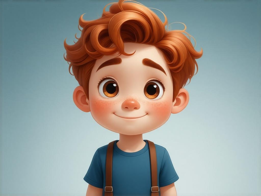 a cartoon image showing a young redhead boy, he has wavy hair, brown eyes, wearing blue tshirt, brown trousers