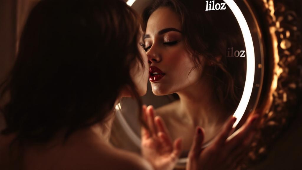 a woman kissing a mirror written on it "liloz"