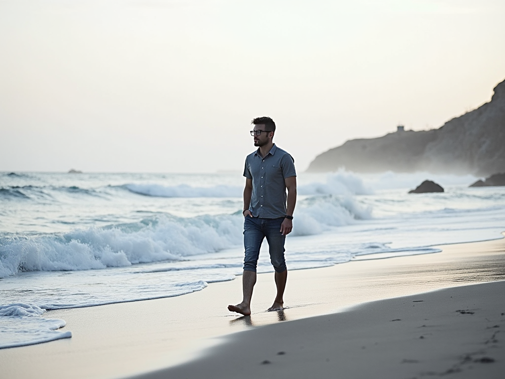 A guy walking on the beach