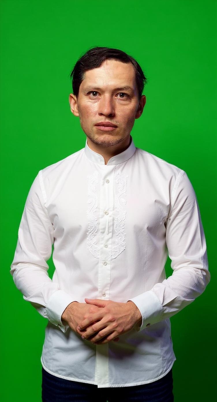 remove the background and all elements. Create a half body image of the man standing up in a plain green screen background. Frontal view eye level with eyes on the camera. Make hgis head smaller , proportionate size of the head with the body. facial expression with ease and relaxed. Change his outfit with a traditional formal white long sleeves mexican barong with design