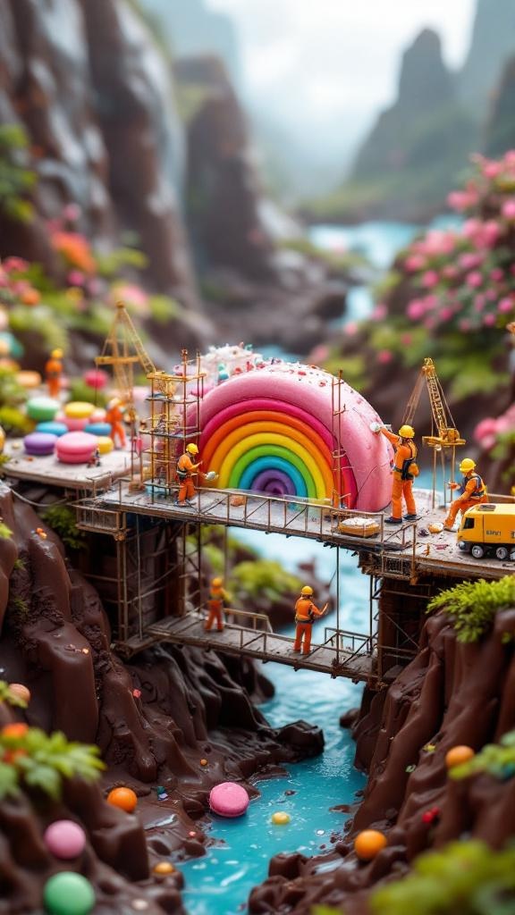 A massive rainbow macaron acting as a bridge over a river of melted chocolate. Miniature engineers and construction workers in colorful uniforms are building the bridge with scaffolding, cranes, and ropes. Some workers are applying frosting cement, while others guide traffic of tiny dessert delivery carts. Soft natural lighting and photorealistic candy textures dominate the scene.