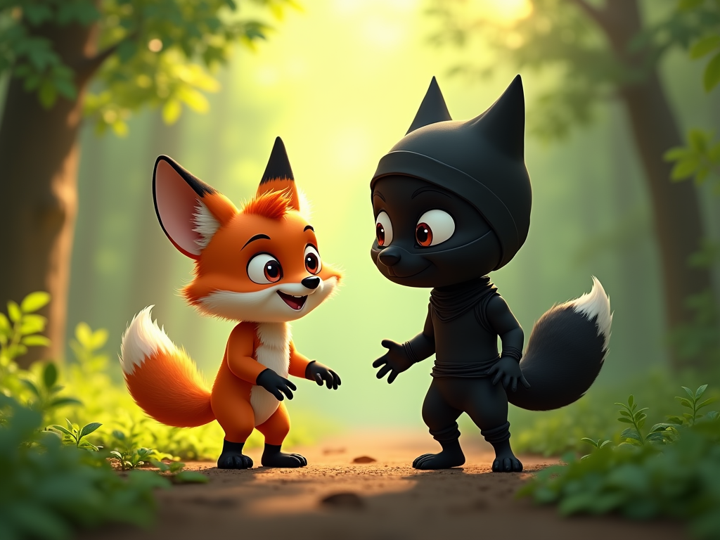 In a vibrant, whimsical Pixar-style forest, a playful baby fox with bright orange fur and large, curious eyes encounters a stealthy ninja clad in a sleek black outfit, blending humor and adventure. Sunlight filters through lush green leaves, creating a magical atmosphere.