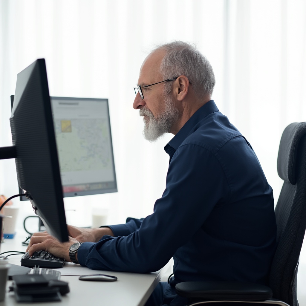 home office theme, man with dark blue shirt, looking on monitor, white background

