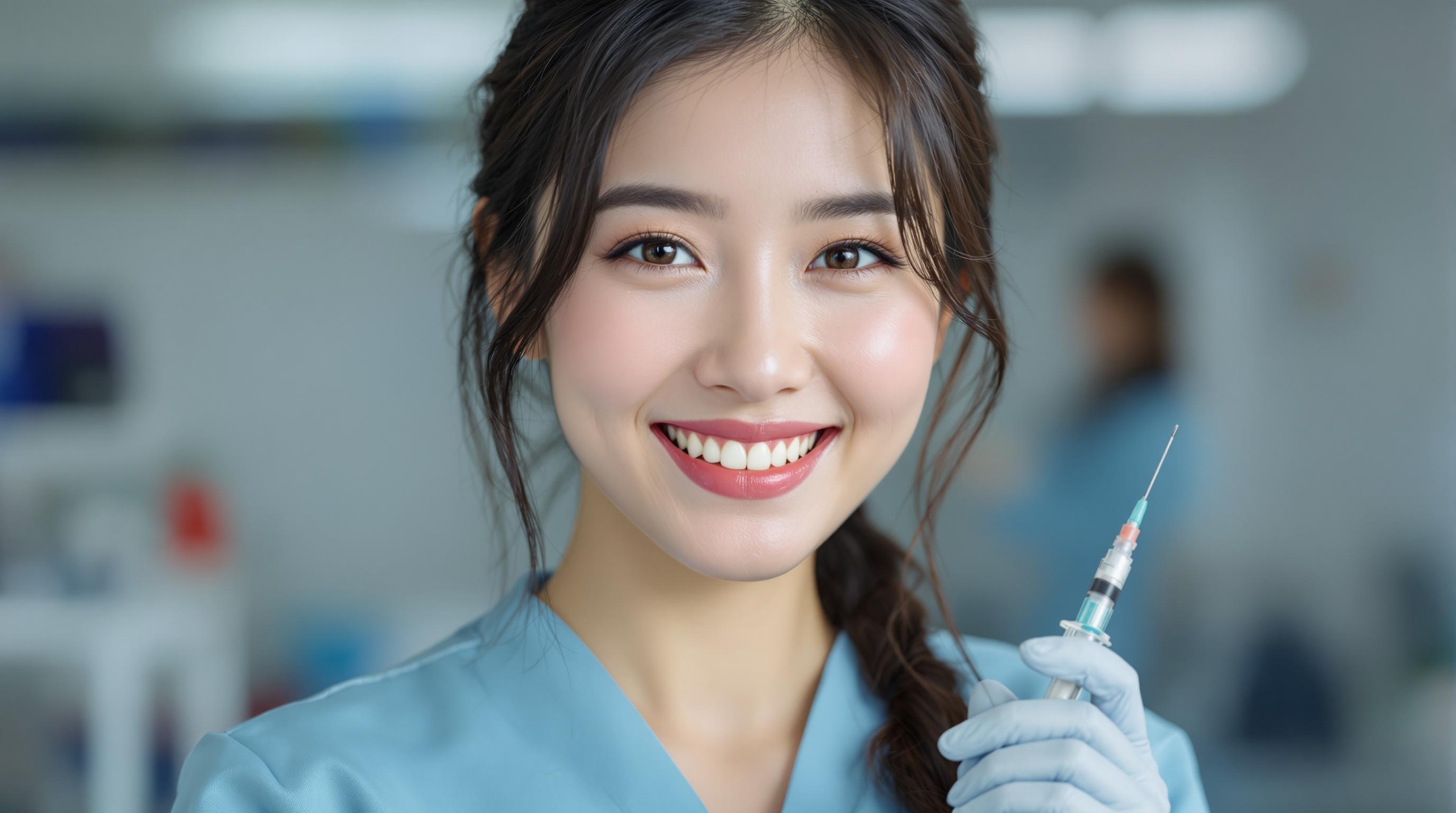 a beautiful chinese nurse smiles at the camera, holding injector in hand
