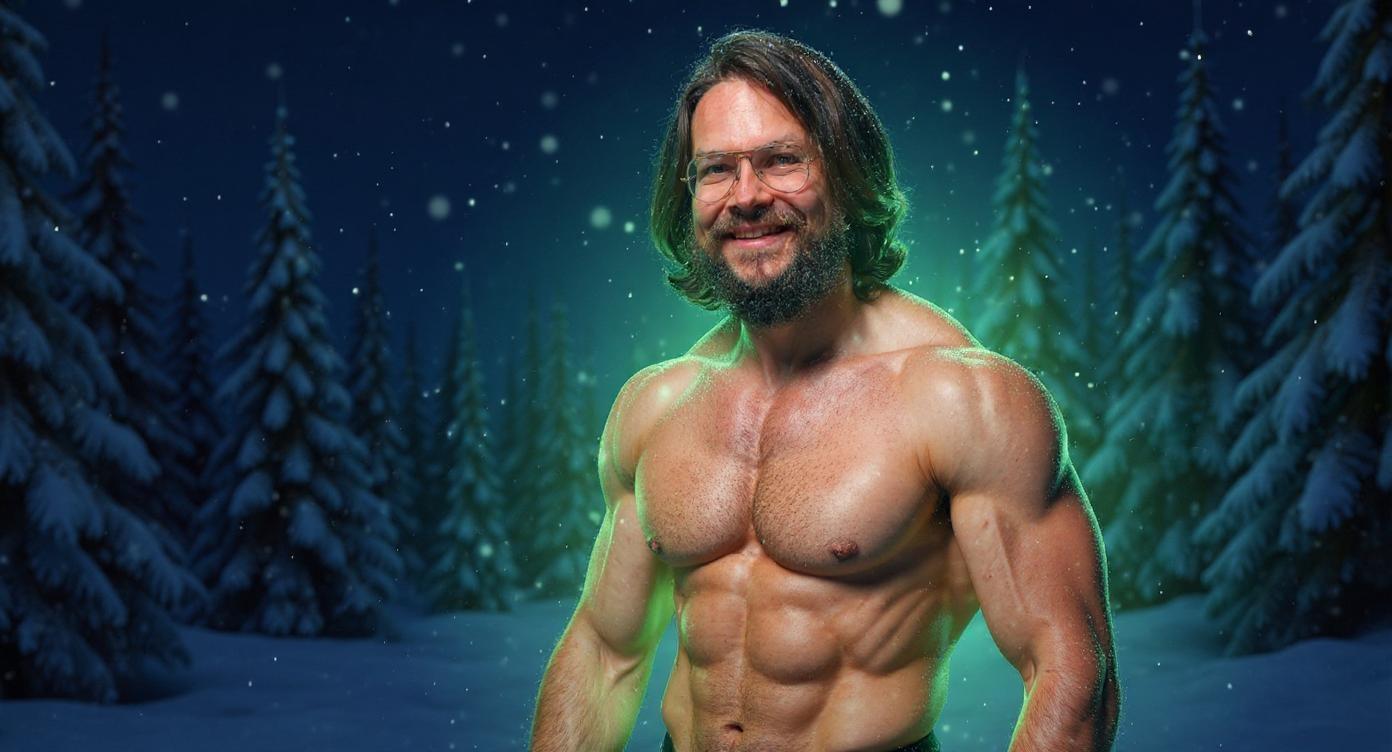 A fit, lean man positioned tightly in the right part of the frame, shown from the chest up, shirtless and confidently flexing his bicep with his arm slightly lowered for a natural, relaxed pose. He is surrounded by a vibrant green glowing aura softly emanating from his body. The background depicts a winter night forest filled with blue fir trees under a starry sky. Snow gently falls from the sky, with some snowflakes resting lightly on his skin and hair, enhancing the cold, serene atmosphere. The dark, snowy setting contrasts beautifully with the bright green aura around the man. The scene features sharp, high-contrast lighting that highlights his muscle tone and facial features. The composition is bold, dynamic, and designed as an eye-catching YouTube thumbnail.