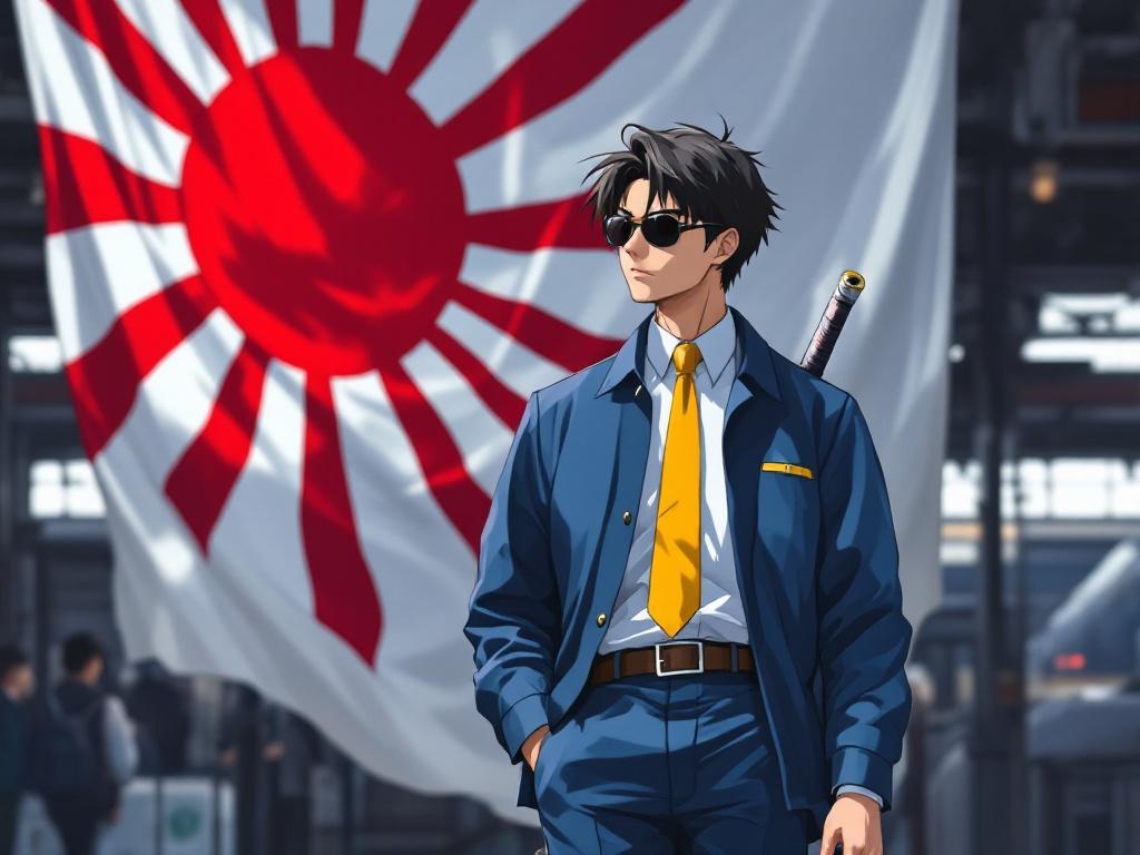 Young Japanese man in blue uniform, short hair and white shirt and yellow tie and black sunglasses walking in the train station with the rising sun flag behind him with a samurai sword at his hilt and one hand in his pocket in a semi realistic anime art style 