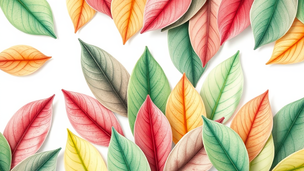 big closeup ,many spring leaves on white background, colored pencil drawing style, minimal
