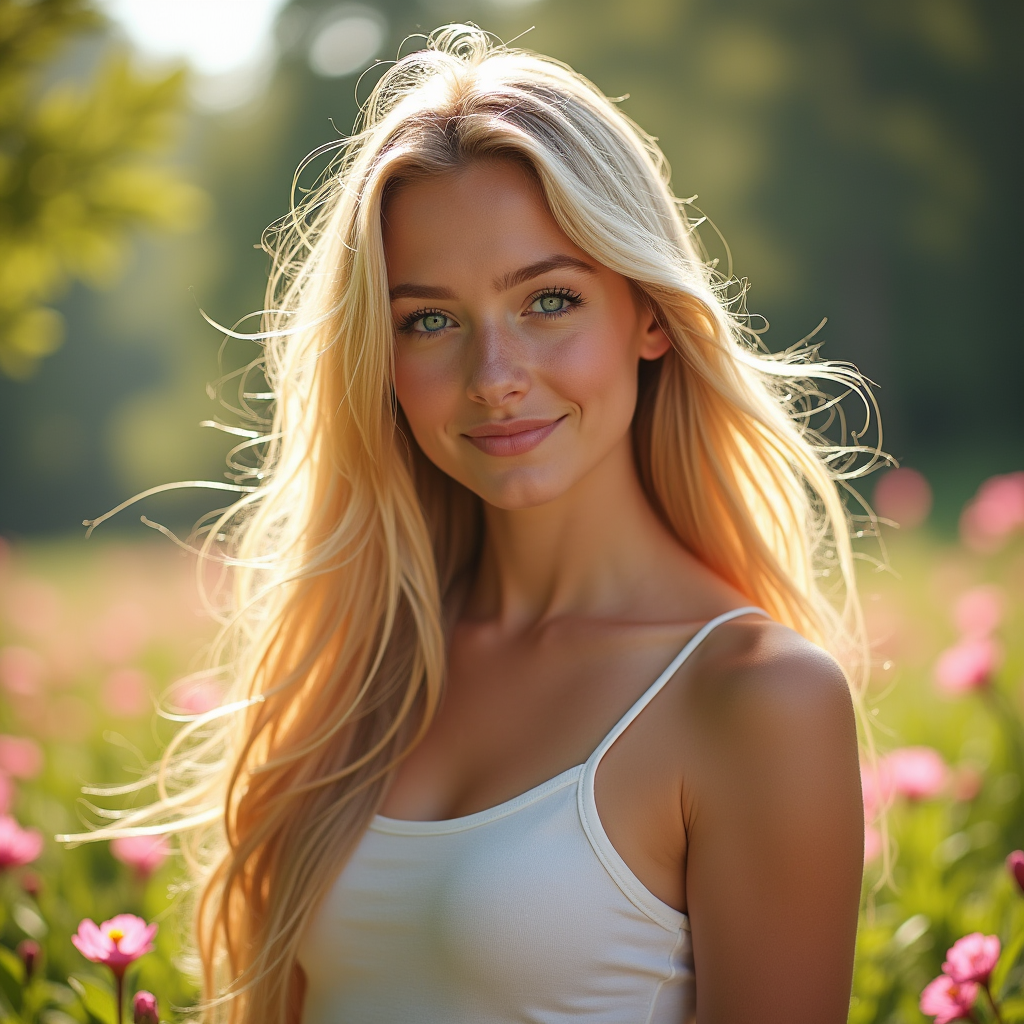 A stunning American girl with flowing golden blonde hair cascades down her shoulders, her bright blue eyes sparkling like sapphires. Radiating health, her glowing skin reflects sunlight, accentuating her fit physique. She stands confidently in a vibrant park, surrounded by blooming flowers, evoking a sense of joy and vitality. The scene captures a moment of serene beauty, blending realism with a touch of ethereal charm, inviting viewers to appreciate the harmony of nature and human allure. The atmosphere is uplifting, filled with warmth and positivity, creating a captivating visual narrative.
