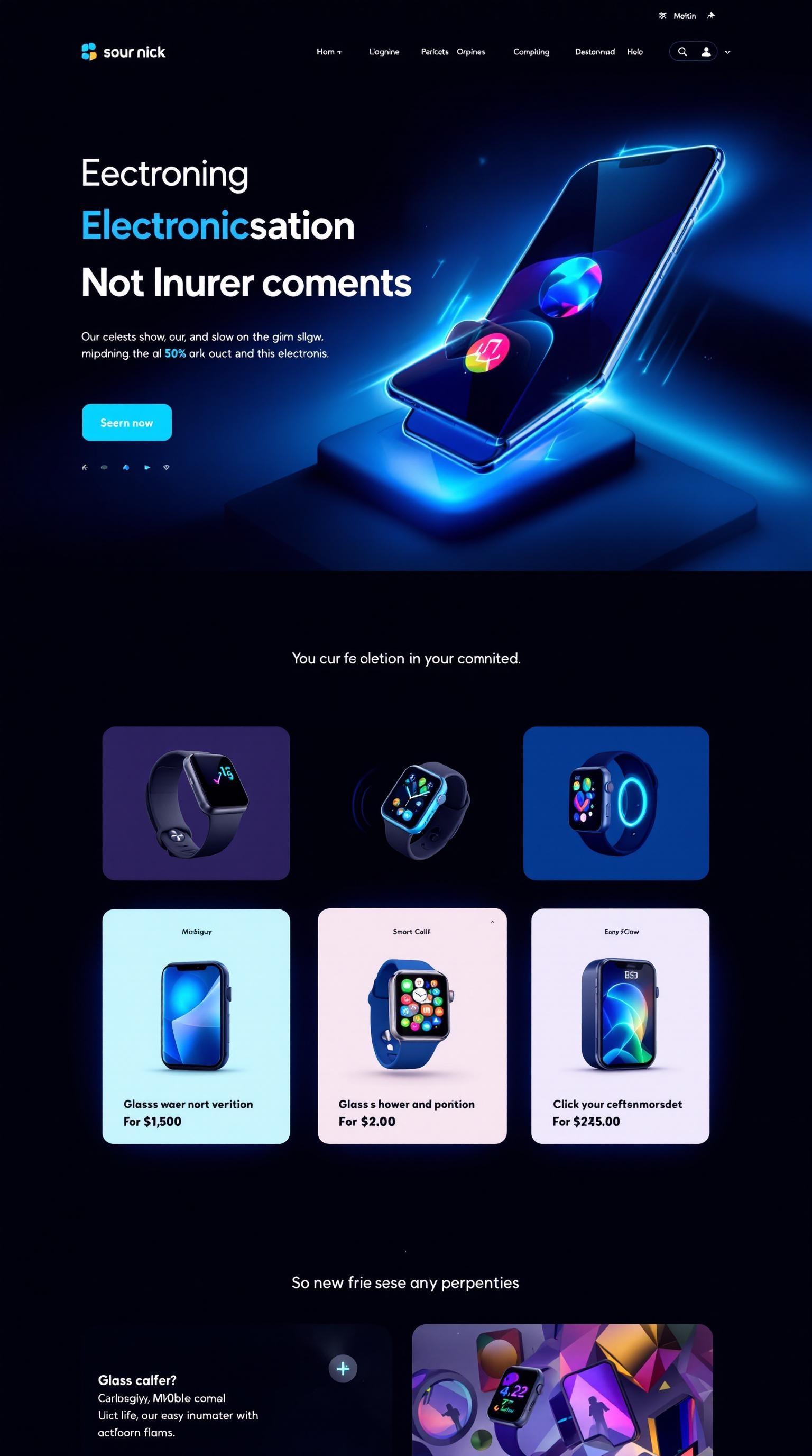 Homepage design of a modern consumer electronics online store, clean and futuristic layout, dark theme with neon blue and cyan accents, hero section with a floating smartphone and smart watch, grid of 4 product cards with hover glow effect, glassmorphism and soft shadows, sans-serif tech typography, minimal but dynamic, high-end e-commerce style layout, web design mockup --v 5 --ar 16:9

