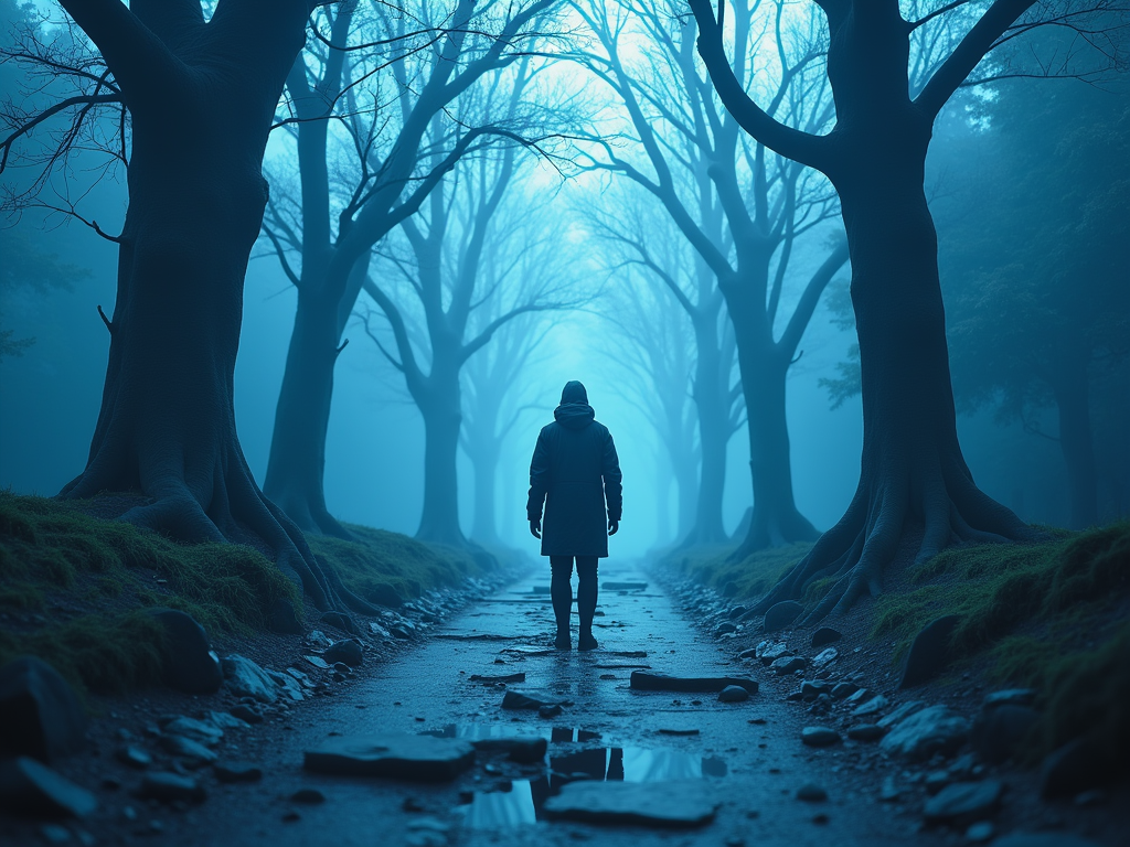 A time traveller accidently get lost in blue planet of alien, full body, odd trees, entity around him, glitching enviroment, realistic art, art station, intricate details,  cinematic lighting, wet stone and ground, canon shot, 8K FullHD