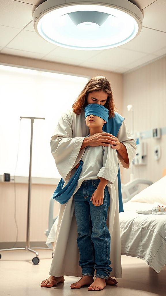 A serene hospital room featuring a compassionate interaction. In the foreground, a figure resembling a traditional depiction of Jesus, with long brown hair, a beard, and wearing a flowing white robe with a blue sash, gently consoles a young boy. The boy, dressed in a light hospital gown and rolled-up blue jeans, stands with a bandage or blue eye mask over his eyes, suggesting recovery or care. The figure leans toward the child in a comforting and protective manner, placing a supportive hand on his shoulder. The background includes typical hospital elements: a modern hospital bed, an IV stand, and a circular surgical light mounted on the ceiling, casting a bright but soft glow. The scene evokes warmth, hope, and healing in a clinical yet spiritual setting.