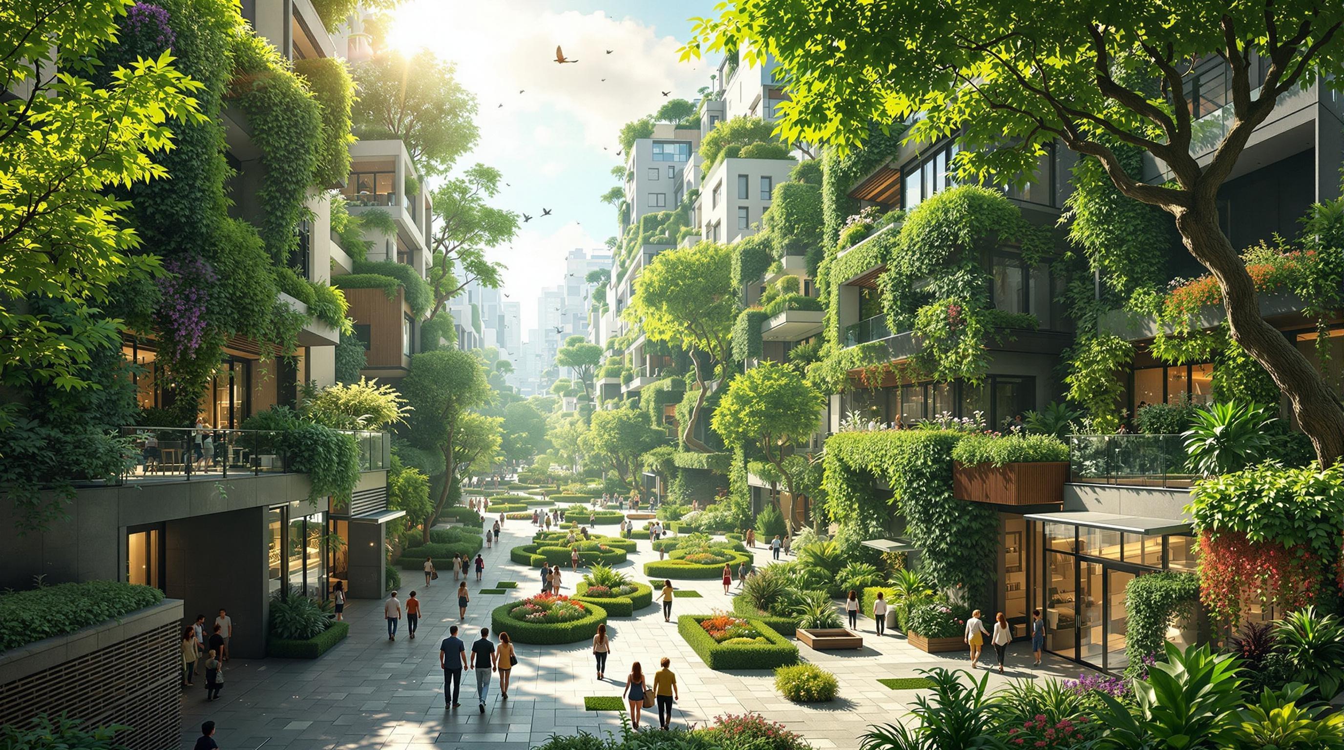 A modern megacity transformed into a green oasis. Tree-lined streets, parks on rooftops, and vibrant vegetation flowing through every part of the city. Birds flying between buildings, sunlight streaming through leaves, and people walking on wide eco-friendly paths surrounded by nature. A harmonious blend of urban architecture and thriving plant life — bright, clean, and full of life.
