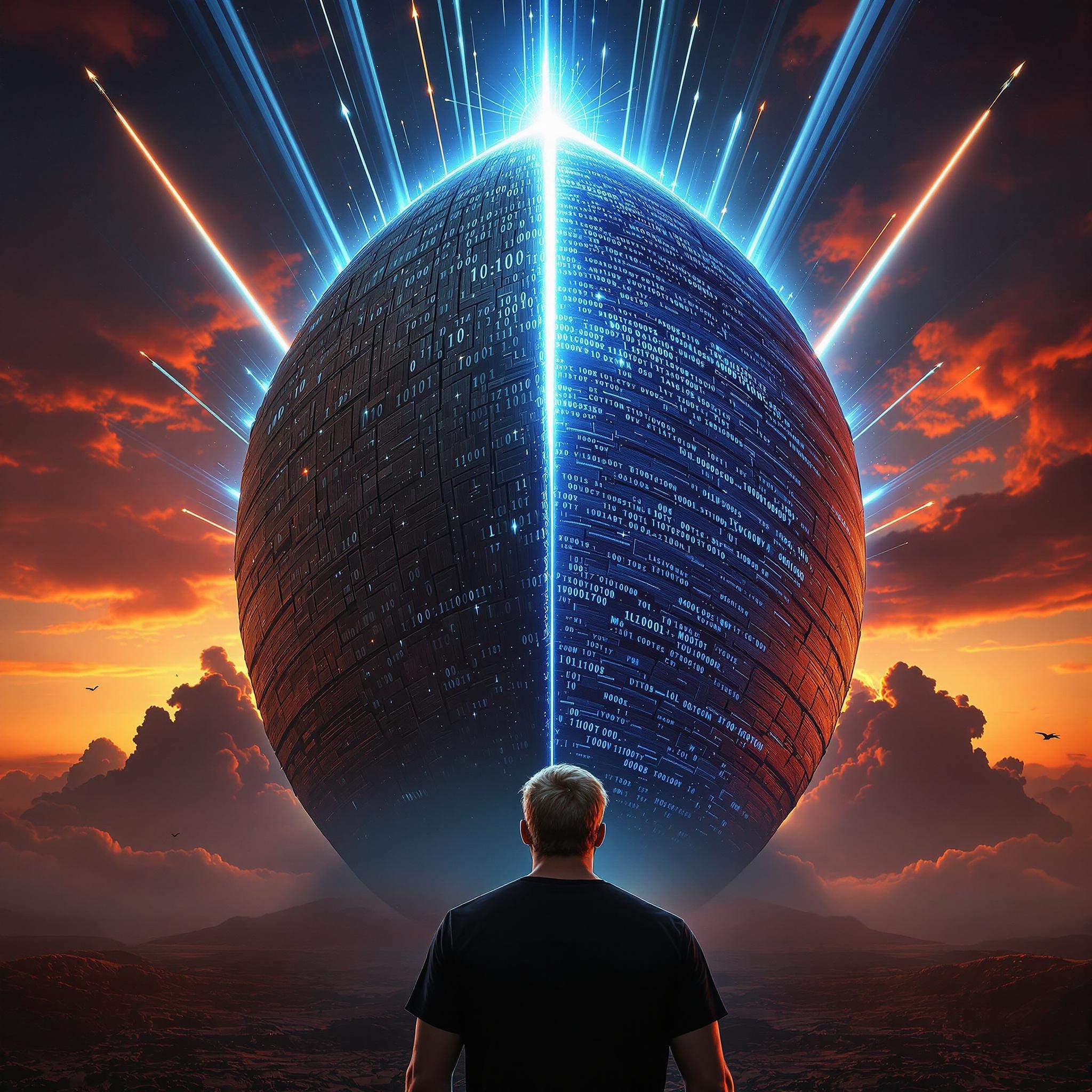 A blond man with ginger beard in a black t-shirt, from behind, facing a massive ancient Noah ark consists of two equal halves. Half ark is ancient dark wood, other half is glowing blue holographic code. Dramatic crimson dawn sky, streaked with missile trails. Central symmetric composition. Cinematic, epic, hyperrealistic, dystopian.