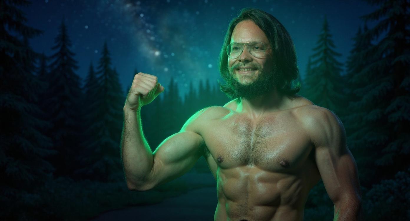 A fit, lean man positioned tightly in the right part of the frame, shown from the chest up, shirtless and confidently flexing his bicep with his arm slightly lowered for a natural, relaxed pose. He is surrounded by a vibrant green glowing aura softly emanating from his body. The background depicts a serene summer night forest filled with blue fir trees under a starry sky, creating a peaceful and mystical atmosphere. The dark, natural setting contrasts beautifully with the bright green aura around the man. The scene features sharp, high-contrast lighting that highlights his muscle tone and facial features. The composition is bold, dynamic, and designed as an eye-catching YouTube thumbnail.