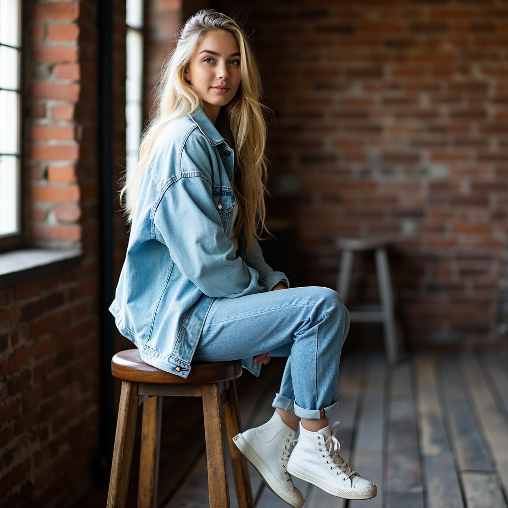 a-woman-sitting-on-a-wooden-stool-in-an-4f0s4y7qva