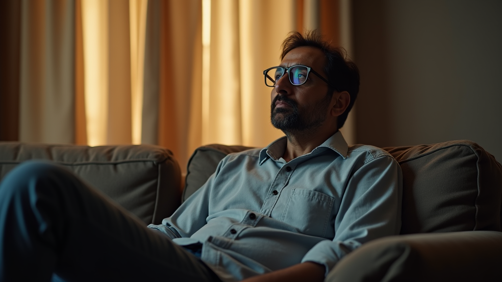 "An Indian middle-class father sitting on a couch, relaxed and thoughtful, wearing a light grayish-blue button-up shirt with glasses. The background has beige curtains softly illuminated by natural light, creating a serene and introspective dark dramatic atmosphere. The room has a cozy, middle-class household feel with warm, muted tones. Natural light casting a soft glow, dramatic across the scene."