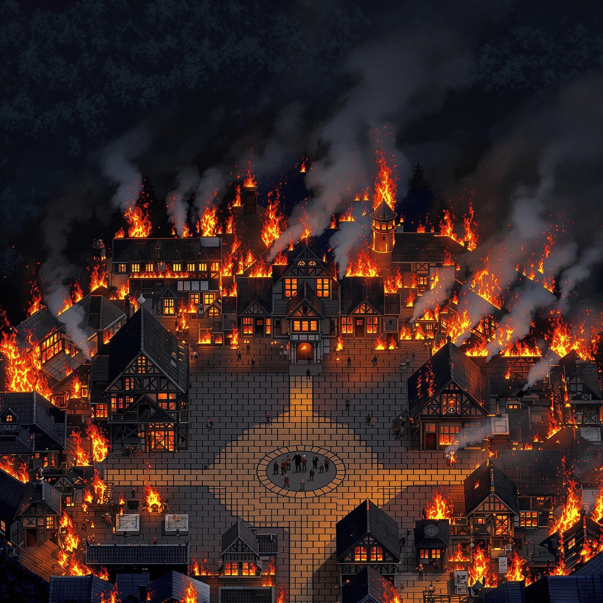 16-bit pixel art aerial view of burning medieval village from rooftop perspective, showing flames across wooden structures toward dark northern forest. Blazing houses and smoking buildings spread across tile-based composition. Central plaza surrounded by structures, transitioning to forest silhouette with dithering and limited palette. Dramatic nighttime fire lighting creates orange-red glow through pixel shading, with smoke columns using classic 16-bit style. Viking warriors in circle around plaza, building fires as distance markers. Composition balances foreground roof details with forest backdrop using layered pixel techniques, contrasting destruction with escape route through crisp pixels and retro aesthetics.