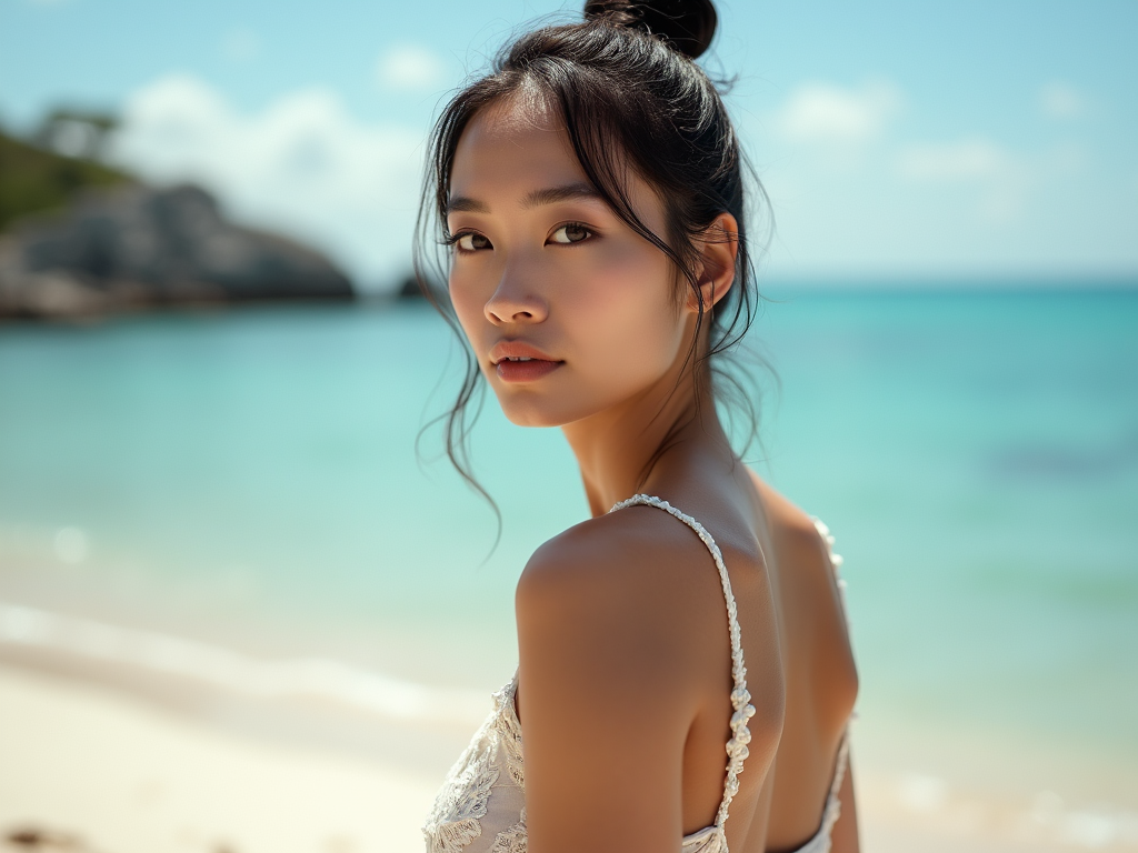 Create an European Asian model in front of a beach szene. Make the model more south east Asian look
