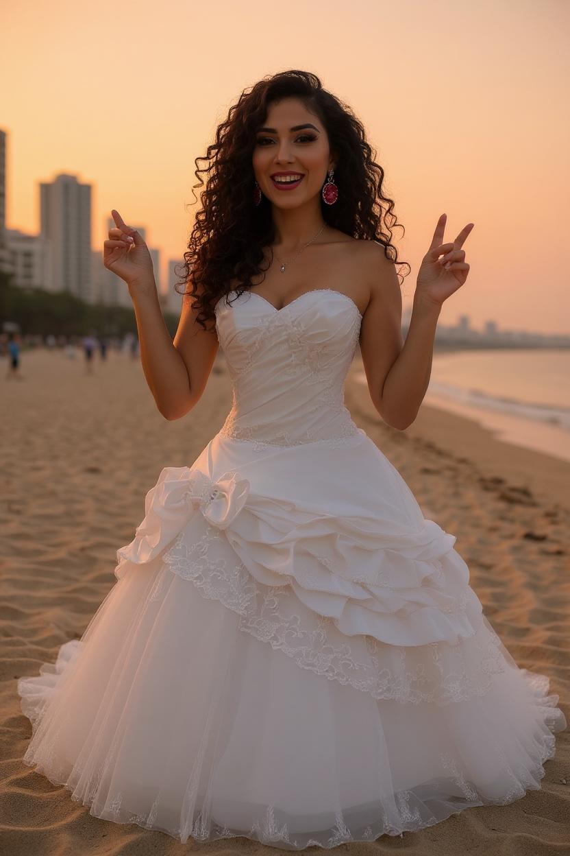 Yemen Jewish 28 years old woman with red stones earrings and long curly hair expressively posing on the sunset Tel Aviv Beach for professional wedding photo
