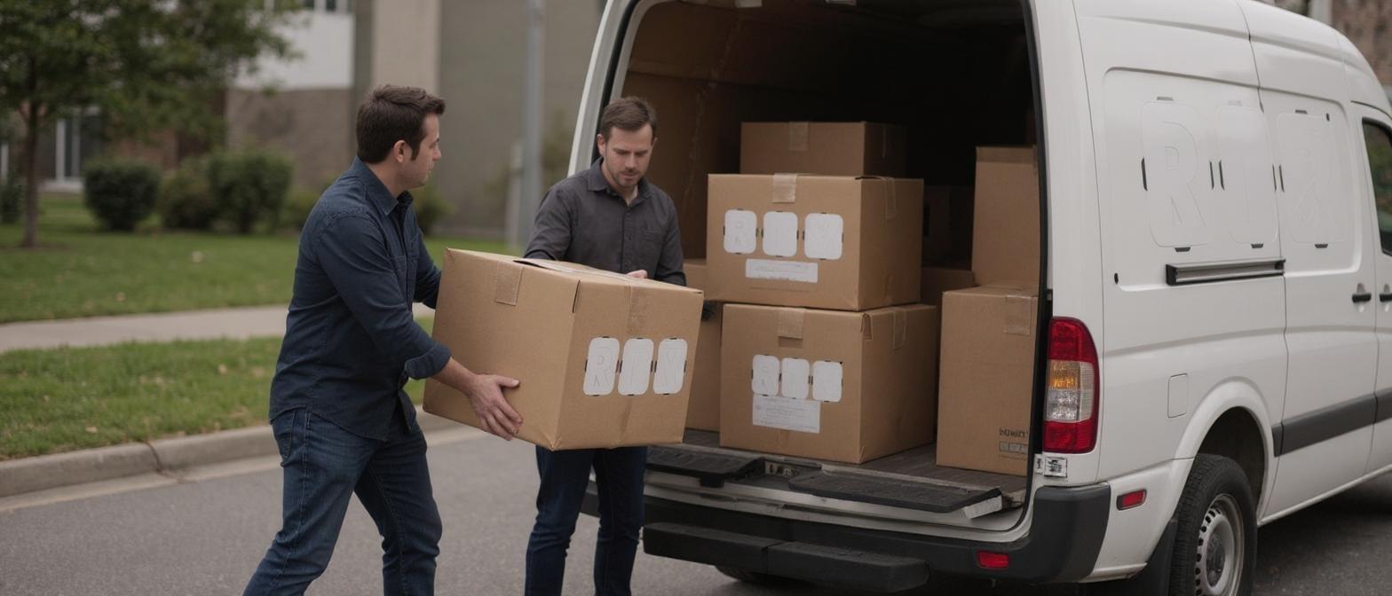 Zwei Arbeiter beladen einen Transporter mit Umzugskartons. Die Kartons sind mit dem beigefügten Logo bedruckt. Das Logo sollte vollständig sein.