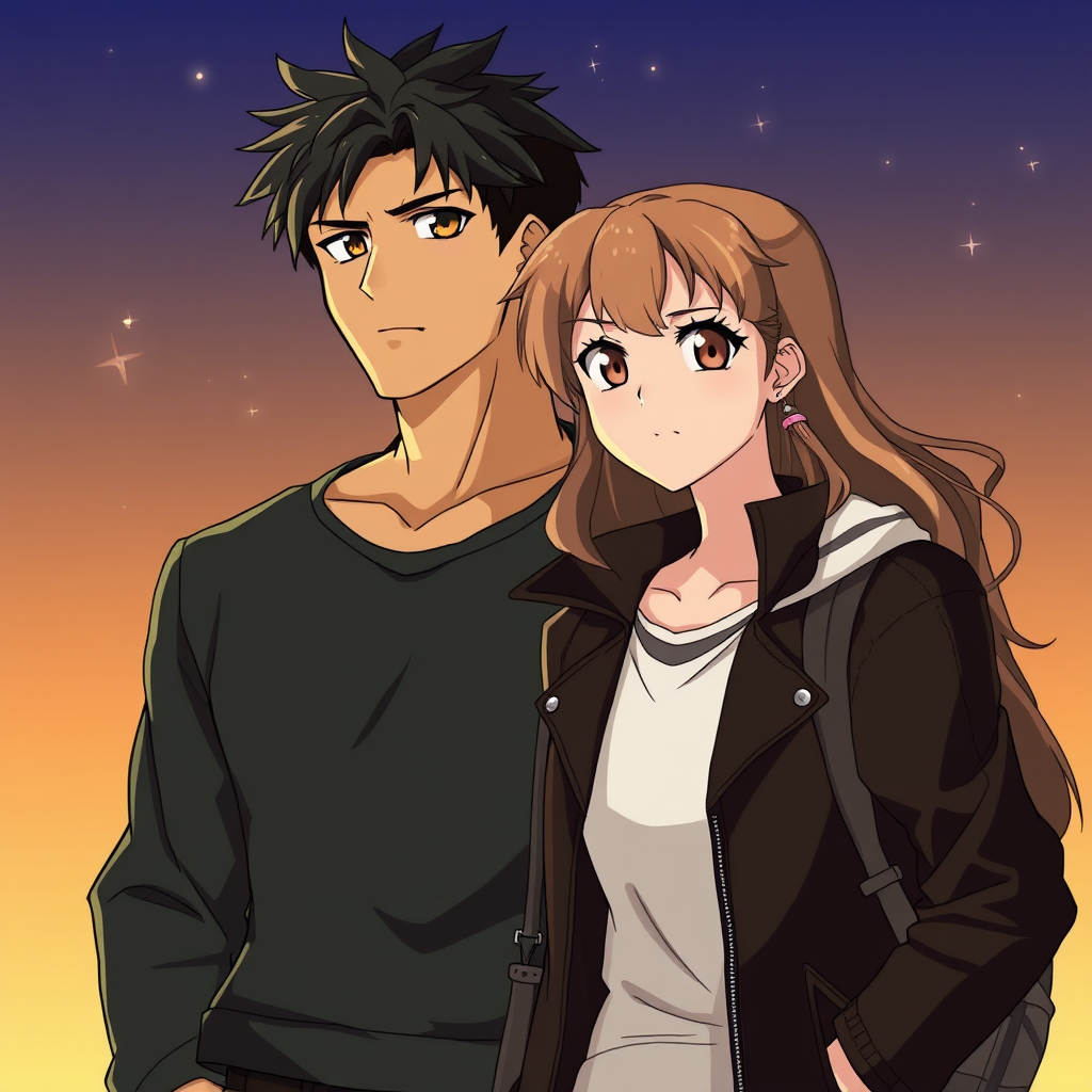 Kyo and Luna are a couple.
Kyo is tall, muscular and athletic, reflecting his leadership spirit and courage. He has short, dark hair, usually a little messy, and intense brown eyes that show determination. He usually dresses casually, with dark tones and a leather jacket that matches his somewhat rebellious style.
Of average height and slender build, Luna has long, wavy hair in a light brown tone, which matches her honey-colored eyes, full of kindness and determination. Her gentle appearance is complemented by comfortable and delicate clothes, usually in earthy tones and accessories that reflect her kind and determined personality.
Anime. CLAMP style.