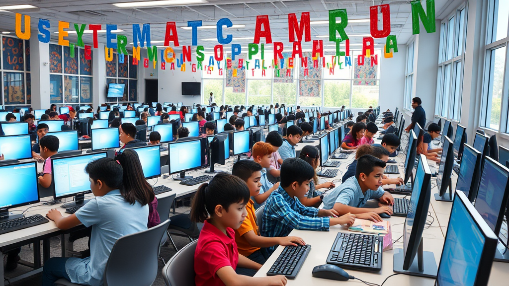 A bustling modern computer lab brimming with primary school students immersed in an informatics competition. Rows of sleek desks host vibrant computers, while children enthusiastically type and collaborate. Bright lighting floods the room, adorned with colorful banners, fostering a spirited, competitive atmosphere.