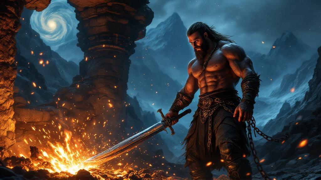 Create an epic, cinematic scene inspired by Norse mythology, depicting Völund the Smith, a legendary artisan, in a dramatic moment of triumph. Show a rugged, muscular figure with intense eyes, standing in a dimly lit, ancient forge glowing with fiery embers and molten metal. Sparks fly around him as he hammers a gleaming sword or forges shimmering wings made of iron and gold. Chains lie broken at his feet, symbolizing his escape from captivity. In the background, a stormy Nordic landscape with jagged mountains and a swirling, starry sky. The atmosphere is intense, mystical, and heroic, with a color palette of deep blues, fiery oranges, and metallic silvers. The style is hyper-detailed, cinematic, and inspired by epic fantasy art, with a touch of John Howe’s and Zdzisław Beksiński’s dark, mythical aesthetic.
