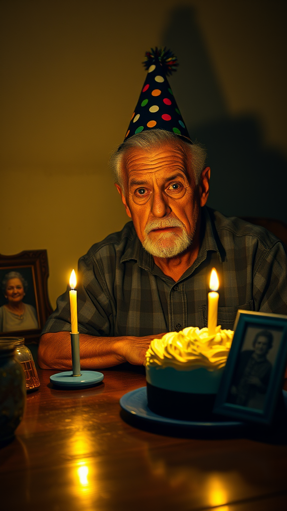 Develop a nighttime indoor scene captured in an ultra-realistic photography style. An elderly, balding man with a few white hairs and no beard sits at a dark wooden table, illuminated by a dim, yellowish light coming from a single candle on the cake. He is wearing a colorful party hat with polka dots and a pompom on top, adding a vivid contrast to the melancholic atmosphere. His face expresses deep sadness and reflection, highlighted by the lighting that subtly shapes his wrinkled features. The table displays a small birthday cake with shiny cream frosting and a lit candle, placed on a blue ceramic plate. Next to the cake, a photo frame of his elderly wife who is no longer present, reflecting the light of the candle, completes the composition. The yellowish tone of the light, sad and insufficient, creates a play of soft shadows and lights, which emphasizes the texture of the surfaces and the man's expression, increasing the sense of realism. The background is a neutral colored wall, with a subtle texture that suggests a very old house, keeping the focus on the central figure and his expression of loneliness in a moment that should be one of celebration.

In the background, with blur and little sharpness, there is the devil laughing with happiness, as if he were laughing and pointing his finger at the man in the spotlight in the scene.

Pay attention to the lighting. The entire environment is somewhat dark and lit only by the candle with a weak, yellowish light, demonstrating a sad atmosphere.

Also pay attention to the angle of the image. The image should be generated as if you were looking at the scene from the front.

I would like the image to be with the angle seen from the front in a medium filming plan. model this prompt