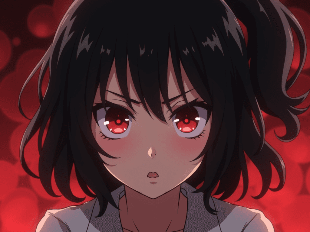 Beautiful anime girl with black hair and red eyes. Angry