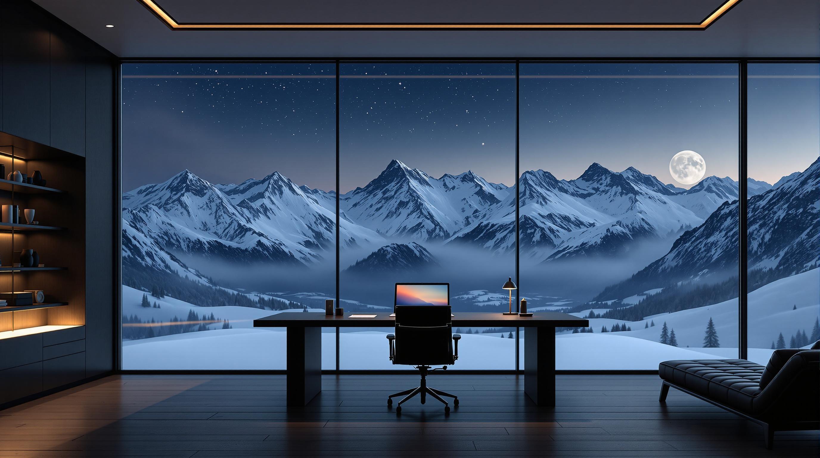 ultra-modern minimalist executive office interior, centered dark wooden desk in front of large floor-to-ceiling glass wall, overlooking a majestic snow-covered mountain range under a starry night sky, distant peaks softly illuminated by moonlight, cool deep blue and gray tones in the mountains, warm soft ambient lighting inside the office, subtle reflections on the glass, MacBook centered on the desk, minimal desk decor (sleek lamp, pen holder, small modern accessory), black ergonomic office chair, matte hardwood floors, dim under-shelf lighting on the left cabinet, leather chaise lounge on the right, glowing accent lighting under shelves and ceiling trim, peaceful and focused nighttime mood, luxury workspace, cinematic style, ultra-detailed, high contrast between interior warmth and exterior coolness, 8k resolution, hyper-realistic, soft shadows, raytraced reflections, ambient occlusion