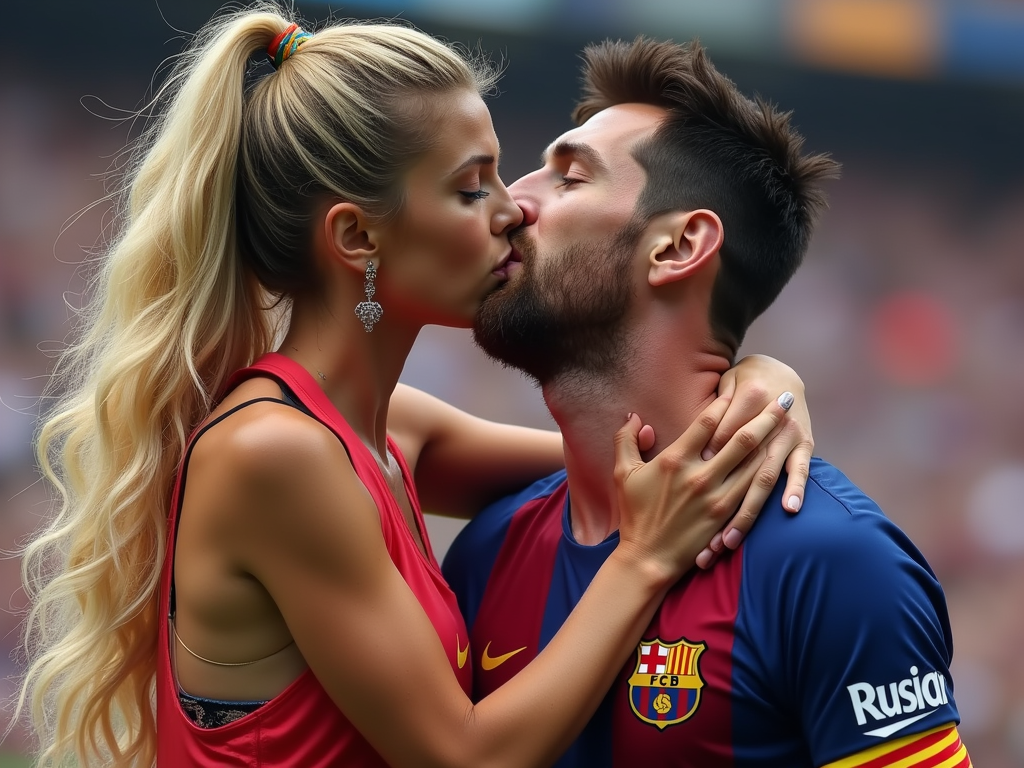Create a picture of Shakira kissing messi in the mouth