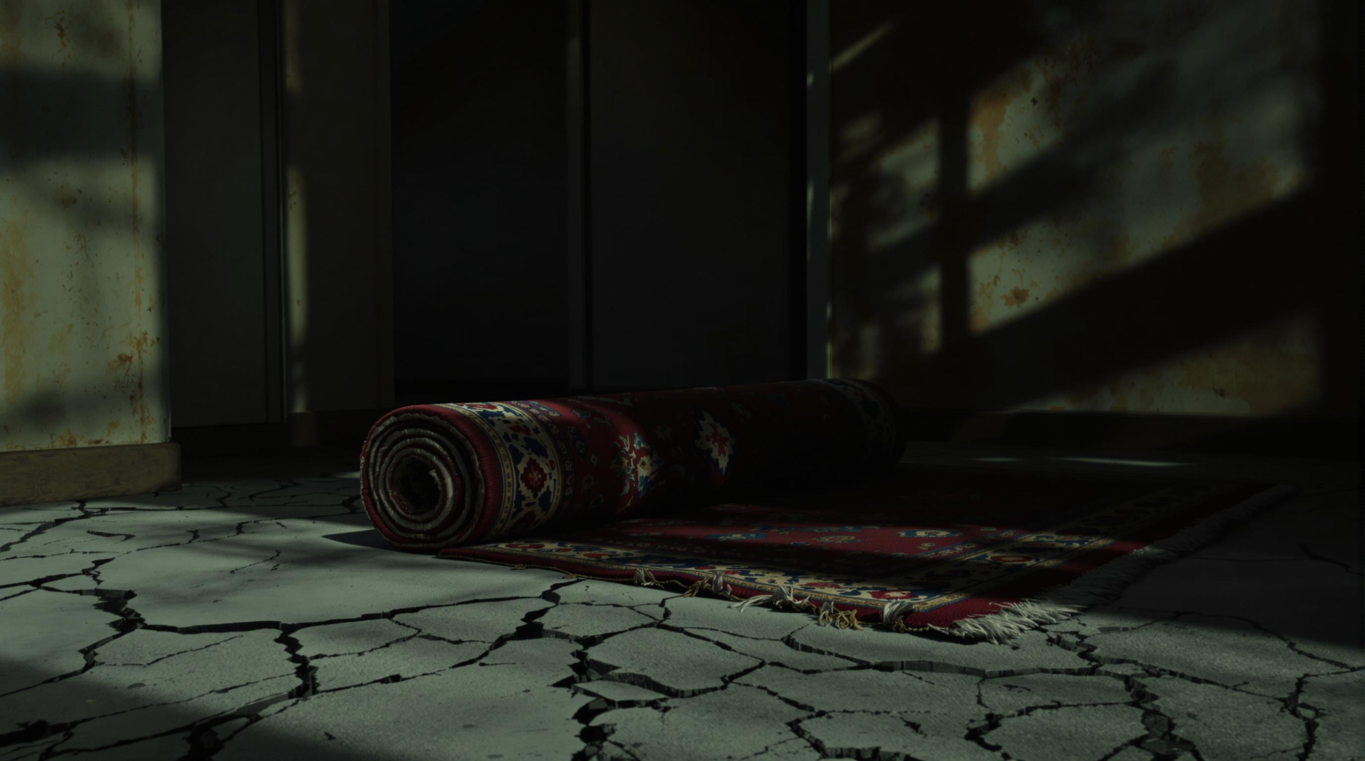 In a dimly lit, post-nuclear house, a half-rolled, tattered carpet lies abandoned on a cracked, dusty floor, its vibrant colors faded. Shadows dance across the walls, evoking a haunting atmosphere of desolation and forgotten memories, whispering stories of a lost civilization.