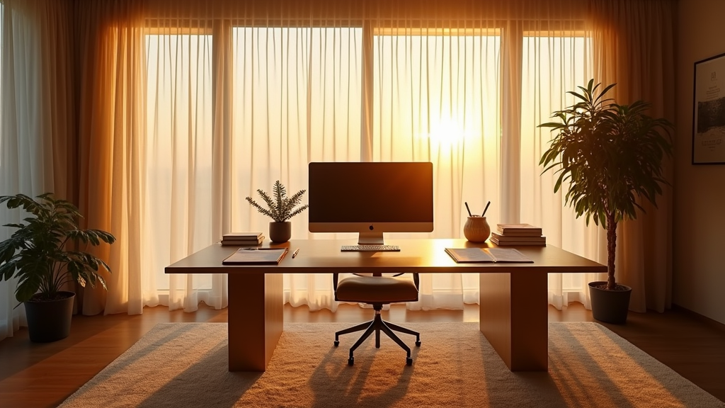 A luxurious penthouse study, bathed in golden sunlight filtering through sheer net curtains, features a sleek, minimalist desk measuring two by one meter. Papers scatter across its surface, while a large computer screen glows in the corner, inviting creativity and inspiration.