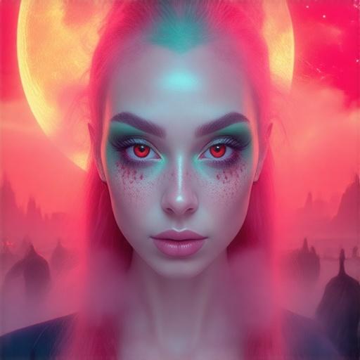 Create an (alien science fantasy art:1.5) featuring a (close-up full body:1.3) of a (beautiful woman:1.3) with (green hair:1.4), (red eyes:1.4), and a (perfect face:1.2) showcasing (elaborate roots:1.2) and (subtle scars:1.2). She stands out in a (medieval village:1.1) with (elves fighting monsters:1.3) as (misty steam:1.2) fills the scene. The (background:1.0) is a (starry sky:1.3) with a prominent (big red moon:1.4). Render this image with a (Gustav Klimt:1.5) aesthetic, capturing his iconic (golden accents:1.2) and (intricate patterns:1.2). Apply a (soft focus:1.1) for a (dreamy atmosphere:1.1) and (warm color grading:1.0). Use a (low angle:1.2) to enhance the (heroic presence:1.2) of the woman. Generate this image with an (80s photograph style:1.3) for a (timeless appeal:1.2) and add a (soft glow:1.1) to highlight the subjects.