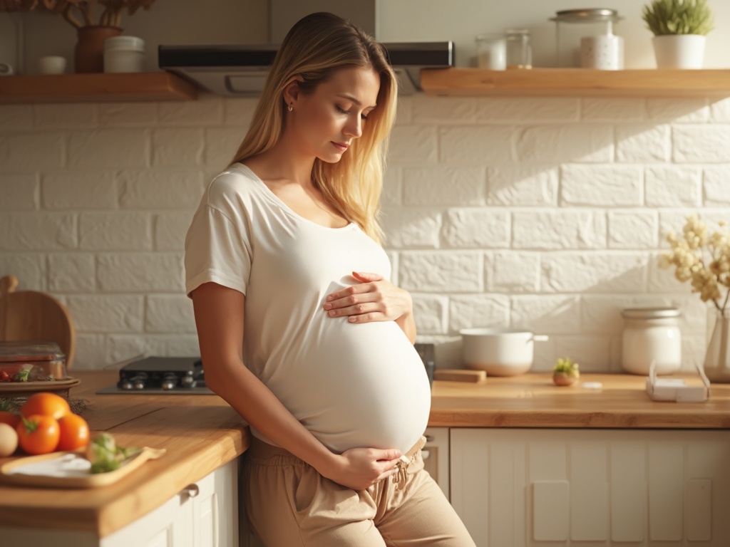 The image shows a pregnant woman standing in a kitchen setting, leaning on a countertop for support with one hand while her other hand rests gently on her chest. She is dressed in a soft, short-sleeved white top and warm beige lounge pants. Her belly is prominently visible, indicating late stages of pregnancy. Her blond hair falls loosely around her shoulders.

The kitchen has a cozy and realistic design with a warm, inviting atmosphere. The wooden countertop has a natural, light-brown finish, complementing the beige tones of her pants. The backsplash consists of textured white tiles, creating a clean but welcoming aesthetic. In the background, small kitchen items like utensils and jars add detail without overwhelming the scene.

The lighting is soft and warm, casting a gentle golden hue that enhances the overall warmth and realism of the photo. The tonal shift to beige and brown adds an earthy, calming vibe, creating a nurturing and homely ambiance.