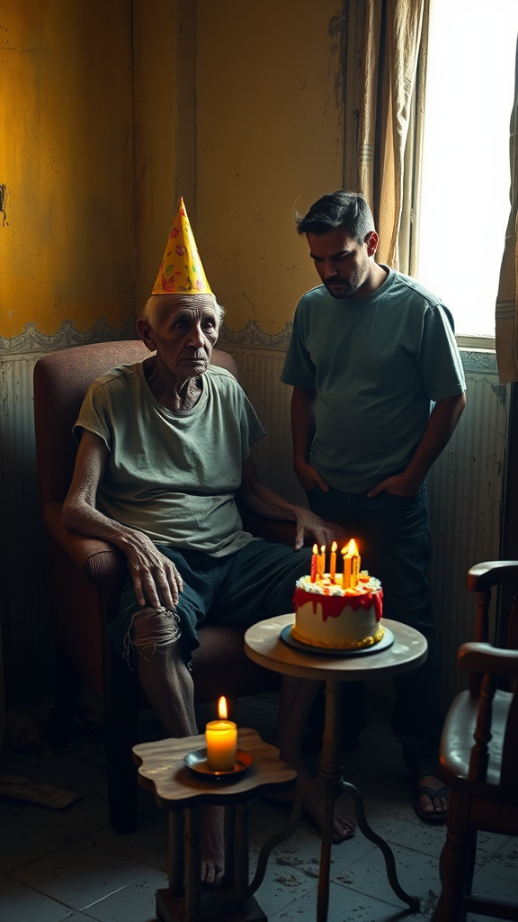 An elderly man, with a frail and delicate appearance, is sitting in an old, worn chair in a room dimly lit by the yellow glow of the candles on the table. He is dressed in a t-shirt and torn pants, reflecting the abandonment and hardships of his life. His deeply wrinkled face, with thin, sagging skin and a tired expression, tells a story full of sadness and suffering. He wears a crooked birthday hat, the festive appearance of which contrasts cruelly with his desolate expression. In front of him, on a small, worn table, sits a small, colorful birthday cake with a lit candle casting flickering shadows on the walls. Next to him is his son standing, looking at him with an angry expression, as if he harbors a deep resentment. The tension between the two is palpable, adding a layer of discomfort to the scene. The surroundings are abandoned, with signs of dirt, worn furniture and peeling walls, reflecting abandonment and loneliness. The yellowish lighting creates a melancholic atmosphere, accentuating the shadows projected on the wall: the frail figure of the elderly man seems cowered in solitude, while the tense presence of the son adds emotional weight to the scene.