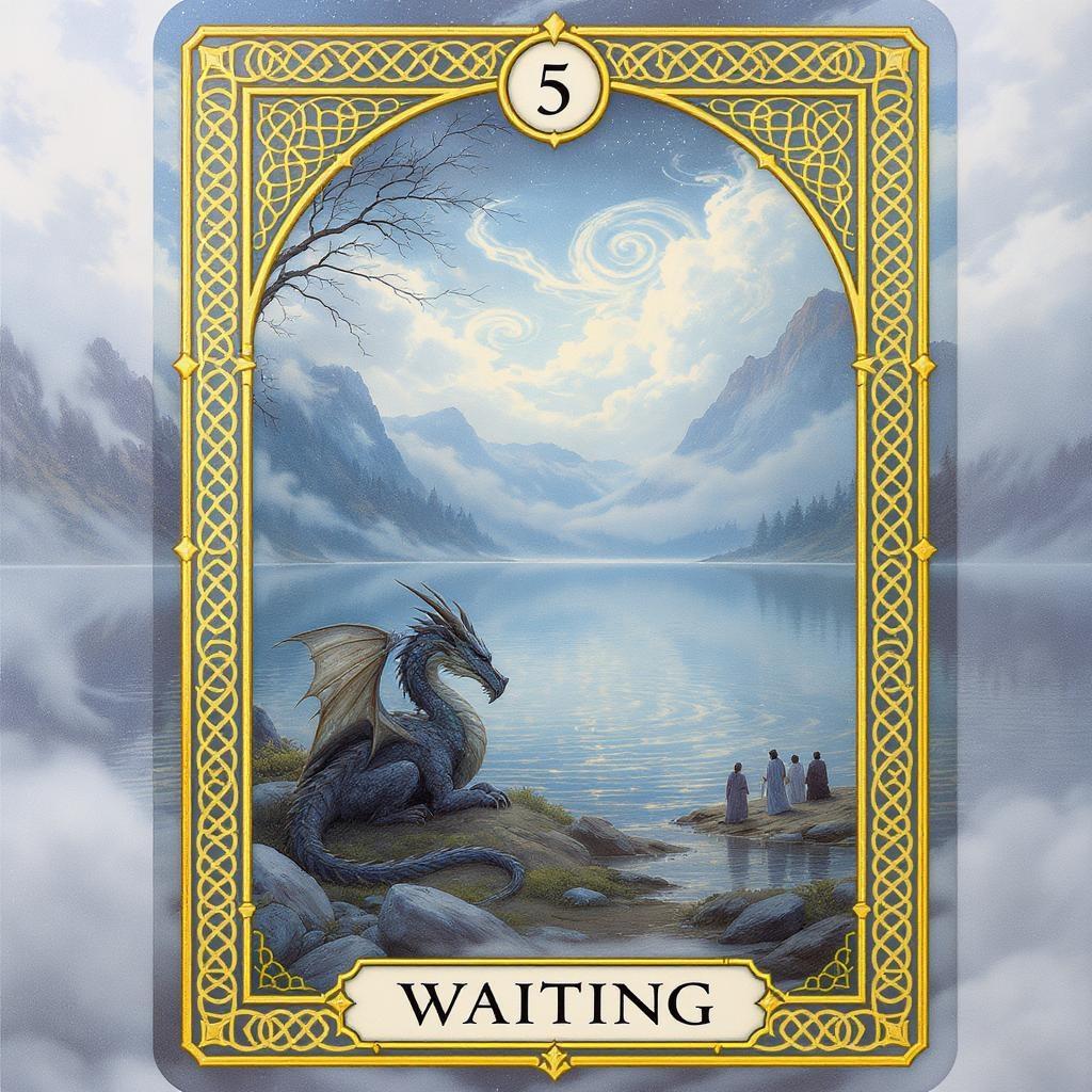 Hand-painted, detailed fantasy oracle card, edge-to-edge composition with no white space or transparency. Background is softly blended with tranquil sky blues (#89D3DC) and gentle mountain greys (#67707B). Overlay a crisp, ornate Celtic knotwork border in luminous gold (#FFD700) wrapping seamlessly around the entire card. At the top, a distinct golden arch frames the hexagram number: “5” in elegant serif font, 14pt, perfectly centered and padded from the frame. At the bottom, the title “WAITING” appears in 18pt elegant serif font, centered with precise padding above the border.

In the scene: A wise dragon rests peacefully at the water’s edge, gazing across a vast, still lake. Gentle white mist swirls over the water. Several tranquil figures are gathered in quiet companionship along the serene shore, embodying patience, trust, and the gentle anticipation of arrival. The whole composition is mystical, distinctly painted, evoking calm, spiritual readiness, and harmonious waiting. The ornate golden knotwork border overlays the full background with clear, sharp edges—no gaps or transparency—giving the card a timeless, luxurious finish.