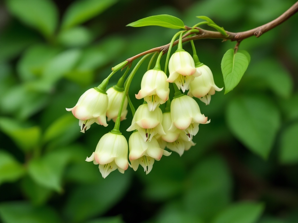 This flower can be described as follows:

A cluster of small, bell-shaped flowers hangs delicately from a thin, woody branch. The flowers are pale green to creamy white, with a soft pinkish tinge around the edges of their scalloped petals. Each flower droops gracefully, creating an elegant appearance. The background features lush green foliage, indicating a natural woodland or forest habitat. This plant is likely a type of shrub or small tree commonly found in temperate forested areas.. full body, cute 2D illustration, outlined cartoon, white background