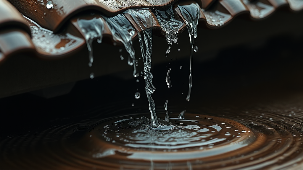 Cinematic close-up of rainwater cascading from the edge of a traditional clay tile roof, each droplet glistening like crystal. The water forms delicate streams, splashing onto the rich, muddy earth below, creating intricate ripples that reflect the muted gray sky, evoking tranquility.