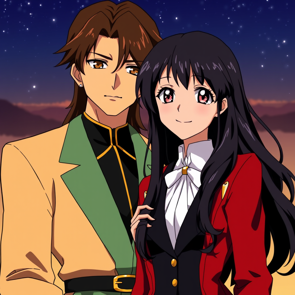 Maya and Hinata are a couple.
Maya has a striking beauty, with long and voluminous dark brown hair and a penetrating gaze of amber eyes. She is tall and slender, with an imposing posture and natural self-confidence. He prefers elegant clothes in strong tones, such as red or gold, which highlight his imposing and vibrant presence.
Hinata has a graceful and harmonious appearance, with dark skin and long, wavy black hair. Her smile is contagious, and her light brown eyes convey a sense of peace. She is of average height and dresses in an elegant and modern manner, always combining colors that reflect her balanced and friendly personality.
Anime. CLAMP style.