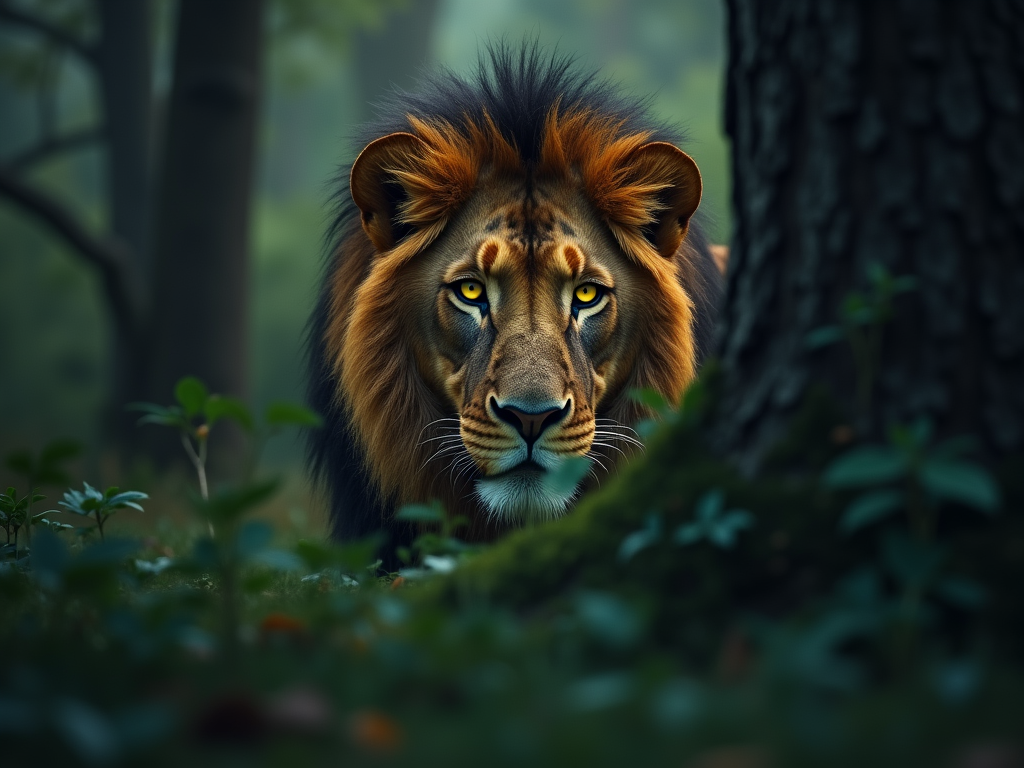 a-lion-hiding-in-a-forest-with-yellow-njr77kagog