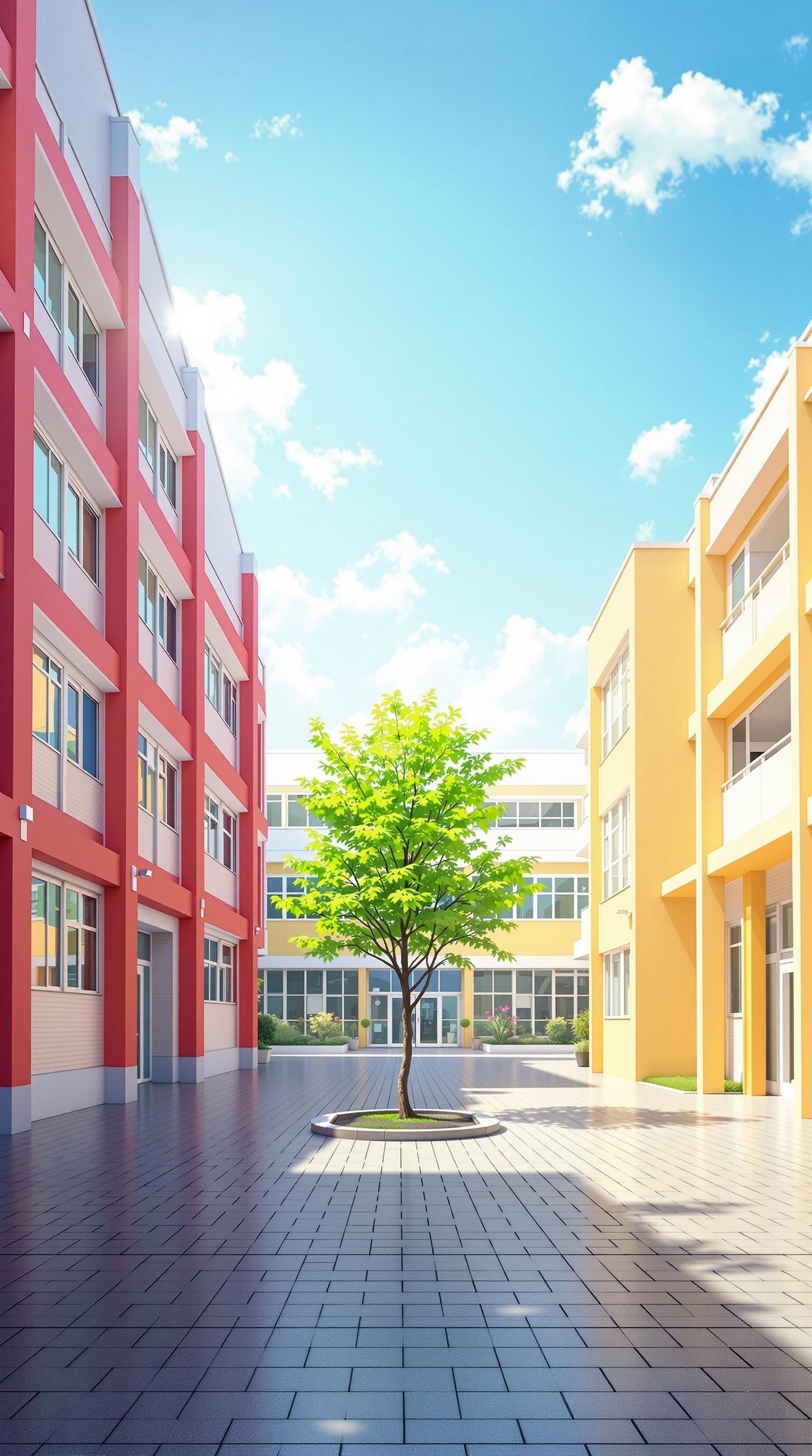 The image shows a modern, sunlit school courtyard with two colorful school buildings (red and yellow) in the background. A single tree stands in the center, surrounded by open space, creating a friendly and welcoming atmosphere—perfect as a setting for a central scene. really realistic image 