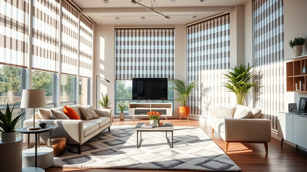 A vibrant living room adorned with modern decor, large floor to ceiling windows, featuring thick striped blinds in bold hues of grey and white. Sunlight filters through, casting playful shadows on a plush, geometric-patterned rug, evoking a cheerful, inviting atmosphere filled with creativity.